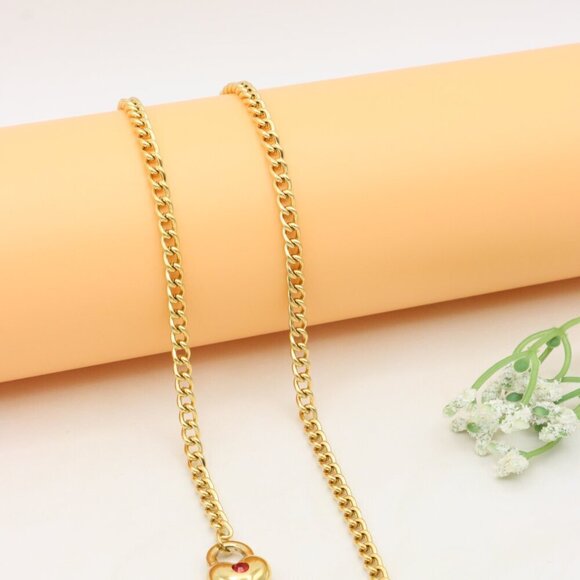 Gold Plated Heart Pendant Necklace With Red Stone Charm, XPNL0380 - Picture 11 of 12